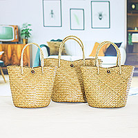 Naturfaser-Handtasche, 'Krajood Style' (3er-Set) - Naturfaser-Handtaschen, handgefertigt in Thailand (3er-Set)