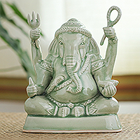 Celadon ceramic statuette, 'Faith Ganesha' - Handcrafted Ganesha Celadon Ceramic Statuette in Green
