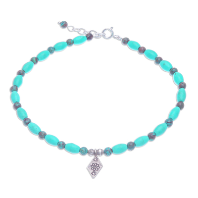 Howlite and jasper beaded anklet, 'Triangular Bloom in Blue' - Blue Howlite and Jasper Beaded Anklet with Silver Charm