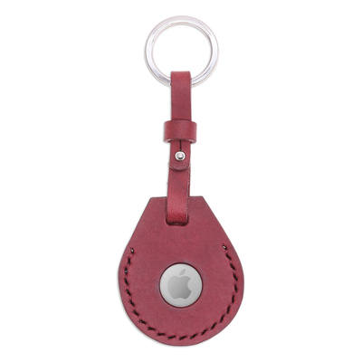 Leather air tag holder keychain, 'Smart Security in Dark Red' - Handmade Genuine Leather Air Tag Holder Keychain