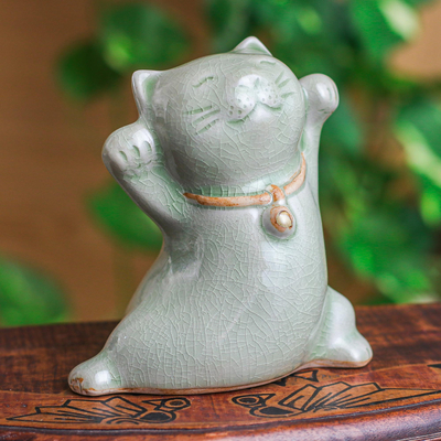 Celadon ceramic figurine, 'Lucky and Playful' - Cat Shaped Celadon Ceramic Figurine Handmade in Thailand