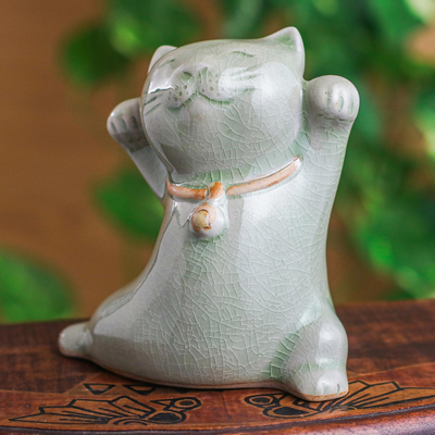 Celadon ceramic figurine, 'Lucky and Playful' - Cat Shaped Celadon Ceramic Figurine Handmade in Thailand