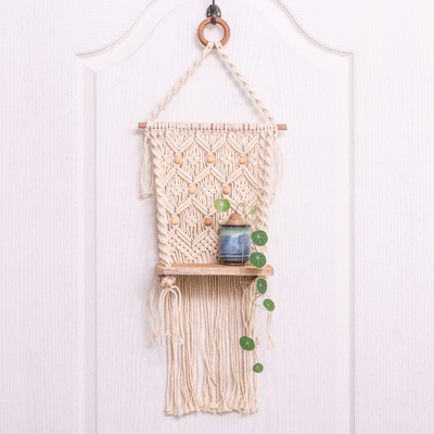 Cotton macrame decorative hanging, 'Bountiful Waves' - Handmade Thai Macrame Cotton Decorative Hanging Shelf