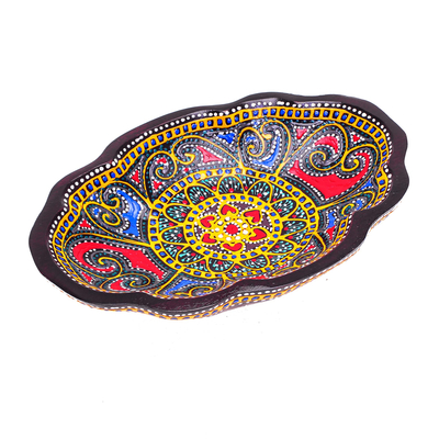 Oval-Shaped Wood Decorative Plate Hand-Painted in Thailand