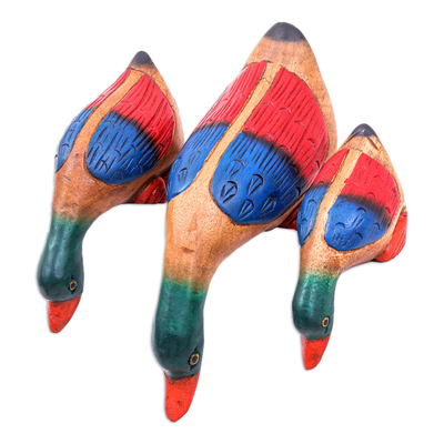 Wood sculptures, 'Drinking Ducks' (set of 3) - Hand-Carved Wood Sculptures with Colorful Ducks (Set of 3)