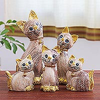 Wood sculptures, 'Feline Gathering' (set of 5) - Set of 5 Hand-Carved Wood Cat Sculptures from Thailand