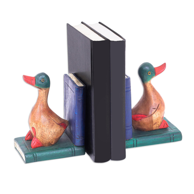 Pair of Wood Bookends with Hand-Carved Colorful Ducks