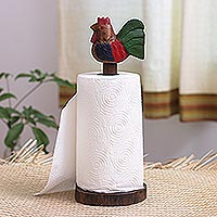 Wood paper towel holder, 'Handy Chicken' - Teak and Raintree Wood Paper Towel Holder with Chicken