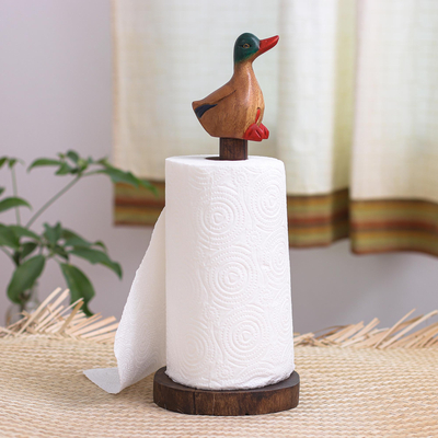 Wood paper towel holder, 'Handy Duck' - Teak and Raintree Wood Roll Holder with colourful Duck