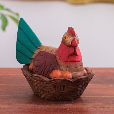Wood decorative box, 'Colorful Chicken' - Hand-Carved Raintree Wood Chicken Decorative Box