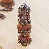 Wood pepper mill, 'Embellished Pepper' - Handcrafted Palm and Teak Wood Pepper Mill from Thailand