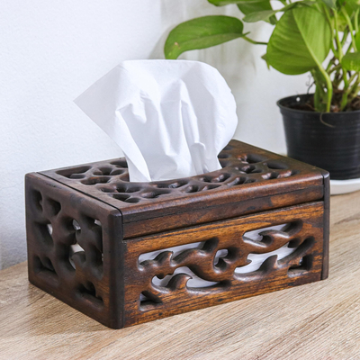 Tapa de caja de pañuelos de madera - Caja de pañuelos de madera de teca tallada a mano en marrón