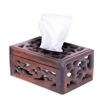 Hand-Carved Teak Wood Tissue Box Cover in Brown