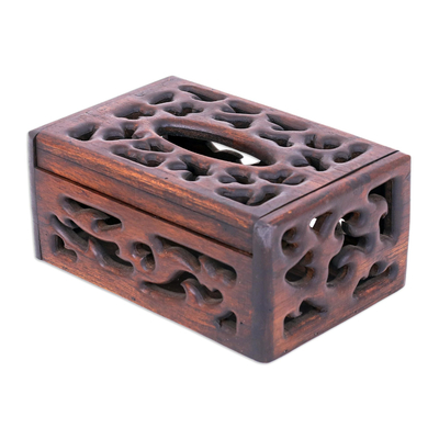 Wood tissue box cover, 'Fancy Teak' - Hand-Carved Teak Wood Tissue Box Cover in Brown
