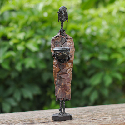 Brass statuette, 'Ancient Monk' - Brass & Iron Statuette of Abstract Male Handmade in Thailand