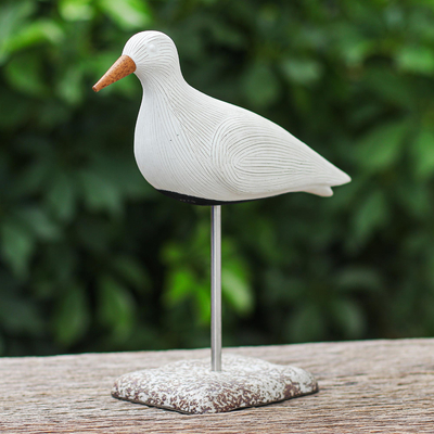 Ceramic sculpture, 'Little Flight' - Ceramic Bird Sculpture with Mango Wood Accents from Thailand