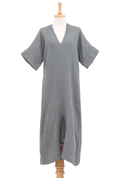 Cotton shift dress, 'Leisurely Grey' - Handcrafted Double-Layered Cotton Gauze Shift Dress in Grey