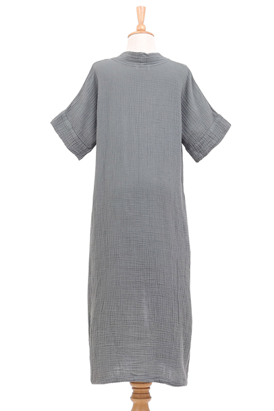 Vestido recto de algodón - Vestido recto de gasa de algodón de doble capa hecho a mano en gris