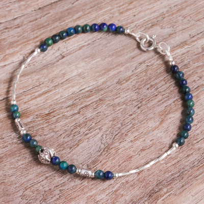 Azure-malachite beaded charm bracelet, 'Round Appeal' - Azure-Malachite and Silver Beaded Bracelet with Floral Charm