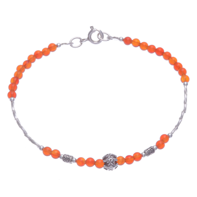 Thai Carnelian and Silver Beaded Bracelet with Floral Charm