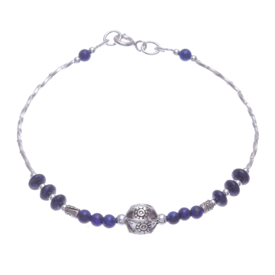 Lapis Lazuli and Silver Beaded Bracelet with Hexagon Pendant