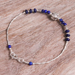 Lapis lazuli beaded pendant bracelet, 'Blue Hexagon' - Lapis Lazuli and Silver Beaded Bracelet with Hexagon Pendant