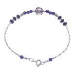 Lapis lazuli beaded pendant bracelet, 'Blue Hexagon' - Lapis Lazuli and Silver Beaded Bracelet with Hexagon Pendant