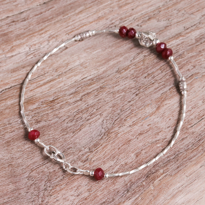 Quartz beaded pendant bracelet, 'Empathy Spell' - Beaded Bracelet with Silver Pendant and Red Quartz Stones