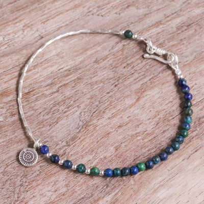 Azure-malachite beaded charm bracelet, 'Serenity Charm' - Beaded Bracelet with Silver Charm and Azure-Malachite Stones