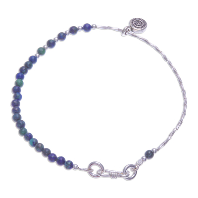 Azure-malachite beaded charm bracelet, 'Serenity Charm' - Beaded Bracelet with Silver Charm and Azure-Malachite Stones
