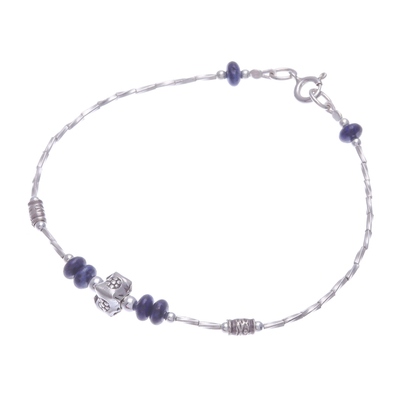 Lapis lazuli beaded pendant bracelet, 'Wisdom Spell' - Beaded Bracelet with Silver Pendant and Lapis Lazuli Stones