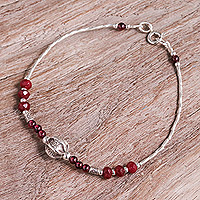 Quartz and garnet beaded pendant bracelet, 'Red Hexagon'