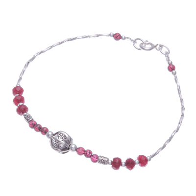 Quartz and garnet beaded pendant bracelet, 'Red Hexagon' - Quartz Garnet Silver Beaded Bracelet with Hexagon Pendant