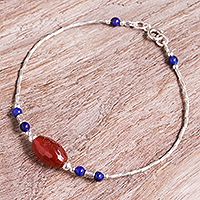 Carnelian and lapis lazuli beaded pendant bracelet, 'Oval Allure' - Carnelian Lapis Lazuli & 950 Silver Beaded Pendant Bracelet