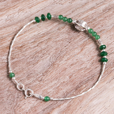 Quartz and aventurine beaded pendant bracelet, 'Green Hexagon' - Quartz Aventurine and Silver Beaded Pendant Bracelet