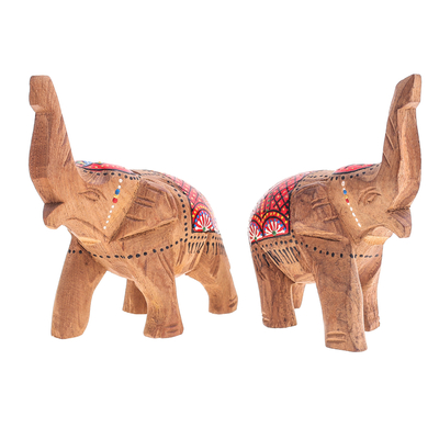 Set of 2 Hand-Carved Wood Elephant Sculptures with Red Tone