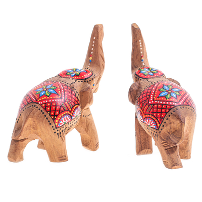 Wood sculptures, 'The Vibrant Prosperity' (set of 2) - Set of 2 Hand-Carved Wood Elephant Sculptures with Red Tone