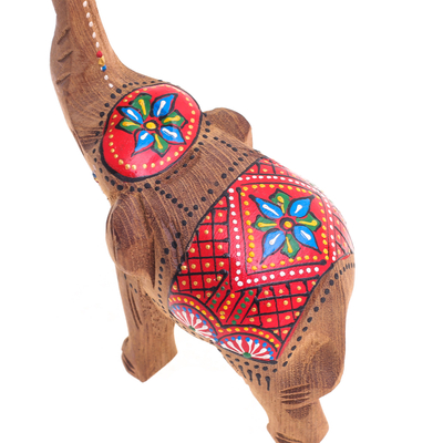 Wood sculptures, 'The Vibrant Prosperity' (set of 2) - Set of 2 Hand-Carved Wood Elephant Sculptures with Red Tone