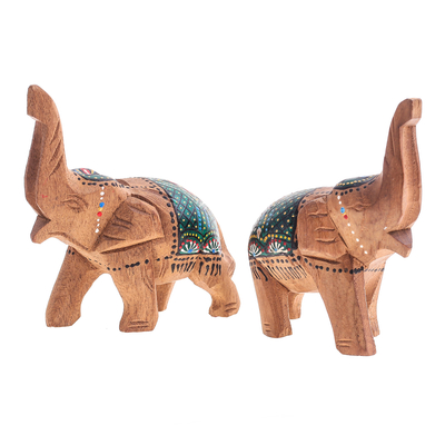 Wood sculptures, 'The Green Prosperity' (set of 2) - Set of 2 Hand-Carved Wood Elephant Sculptures with Green Hue