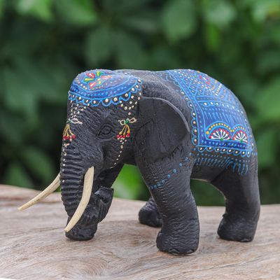 Holzskulptur - Handbemalte Holzskulptur eines Elefanten in Blautönen