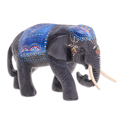 Hand-Painted Wood Sculpture of Elephant in Blue Tones