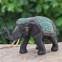 Wood sculpture, 'Green Fortune' - Hand-Carved Wood Sculpture of Elephant with Green Tones
