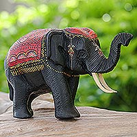 Wood sculpture, 'Vibrant Wealth' - Thai Hand-Carved Elephant Sculpture with Red Tones