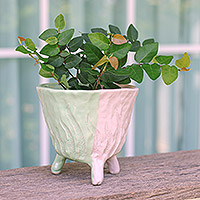 Ceramic flower pot, 'Green Roots' - Handcrafted Leafy Ceramic Flower Pot in Green and Pink Tones