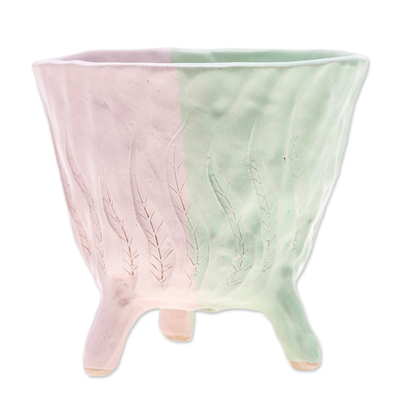 Ceramic flower pot, 'Green Roots' - Handcrafted Leafy Ceramic Flower Pot in Green and Pink Tones