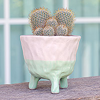 Ceramic flower pot, 'Pink Roots' - Hand-Painted Ceramic Flower Pot in Pink and Green Tones