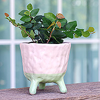 Ceramic flower pot, 'Pink Sprout' - Handcrafted Ceramic Pink Flower Pot with Three-Legged Design