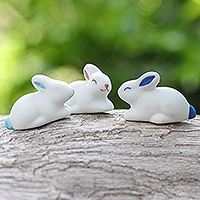 Ceramic figurines, 'Gentle Triplets' (set of 3) - Set of 3 Ceramic Figurines of Bunnies in Pink and Blue Tones