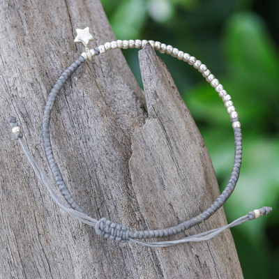Silver beaded bracelet, 'Grey Glowing Star' - Thai Grey Silver Beaded Bracelet with Star Charm