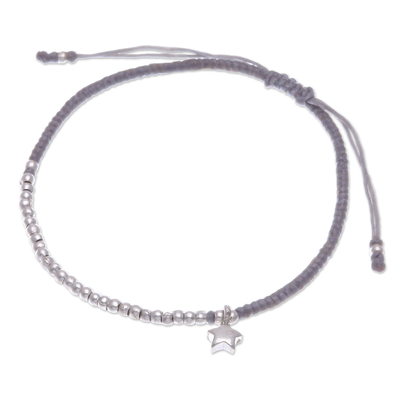 Silver beaded bracelet, 'Grey Glowing Star' - Thai Grey Silver Beaded Bracelet with Star Charm